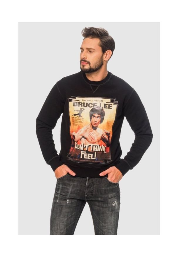 DSQUARED2 Czarna bluza męska z brucem lee, Rozmiar S. Kolor: czarny. Materiał: prążkowany, bawełna. Wzór: nadruk