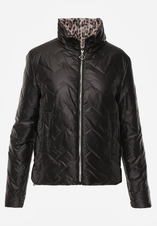 Renee - Czarna Pikowana Kurtka Dwustronna z Motywem Panterki i Naszywką Damike. Kolor: czarny. Wzór: motyw zwierzęcy, aplikacja. Sezon: wiosna