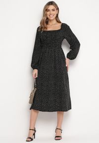 Born2be - Czarna Sukienka Midi Rozkloszowana z Hiszpańskim Dekoltem w Kropki Wirina. Kolor: czarny. Wzór: kropki. Typ sukienki: rozkloszowane. Długość: midi #5