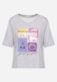 Born2be - Jasnoszary Bawełniany T-shirt z Ozdobnym Nadrukiem na Przodzie Sadla. Kolor: szary. Materiał: bawełna. Wzór: nadruk