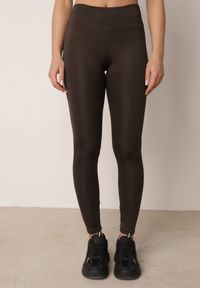 Born2be - Brązowe Legginsy w Stylu Basic z Wyszczuplającym Pasem Samertes. Okazja: do pracy, na co dzień, na spacer. Stan: podwyższony. Kolor: brązowy. Długość: krótkie. Styl: casual #8