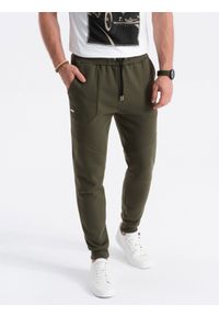 Ombre Clothing - Spodnie męskie dresowe joggery - oliwkowe V2 OM-PASK-22FW-008 - XXL. Kolor: oliwkowy. Materiał: dresówka. Wzór: geometria #5