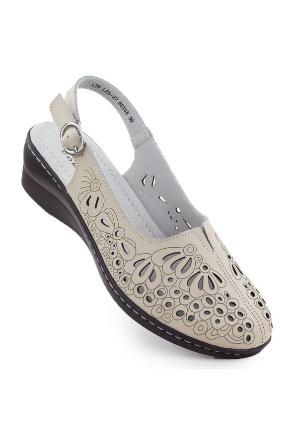 Skórzane sandały damskie ażurowe na koturnie beżowe T.Sokolski L26-27. Kolor: beżowy. Materiał: skóra. Wzór: ażurowy. Obcas: na koturnie. Styl: elegancki