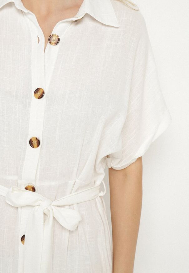 Born2be - Biała Koszulowa Sukienka z Lnem Wiskozą i Paskiem Lenaviel. Okazja: na co dzień. Kolor: biały. Materiał: len, wiskoza. Typ sukienki: koszulowe. Styl: casual, klasyczny