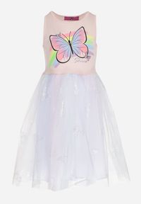 Born2be - Beżowa Sukienka z Motylkiem i Tiulowym Dołem Henla. Kolor: beżowy. Materiał: tiul. Wzór: nadruk