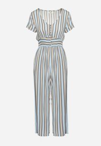 Born2be - Niebieski Wiskozowy Kombinezon z Guzikami przy Dekolcie i Elastyczną Gumką w Talii Tinaleias. Okazja: do pracy, na co dzień. Kolor: niebieski. Materiał: wiskoza. Długość: długie. Wzór: aplikacja. Styl: casual, klasyczny #6