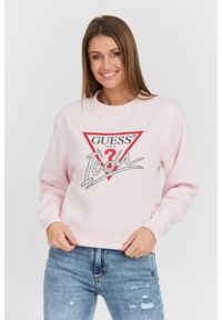 Guess - GUESS Różowa damska bluza Icon z dużym logo, Rozmiar L. Okazja: na co dzień. Kolor: różowy. Materiał: materiał, poliester, bawełna. Styl: casual, elegancki