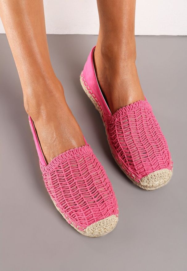 Renee - Fuksjowe Płaskie Espadryle z Ekozamszu Ozdobione Jutą Lemiala. Okazja: na co dzień. Kolor: różowy. Materiał: len, jeans. Wzór: aplikacja. Sezon: lato. Obcas: na obcasie. Styl: klasyczny, casual. Wysokość obcasa: niski