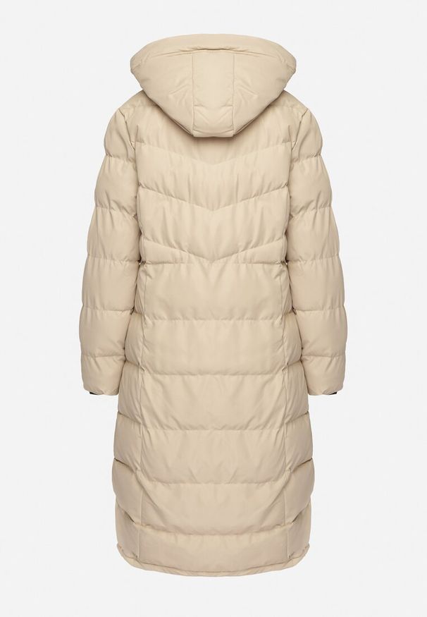 Born2be - Ciemnobeżowa Pikowana Kurtka z Kapturem i Ozdobnymi Taśmami Ettaria. Okazja: na co dzień. Typ kołnierza: kaptur. Kolor: beżowy. Materiał: jeans. Styl: casual, elegancki