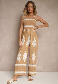 Renee - Brązowy Kombinezon Wide Leg z Wiskozy na Ramiączkach Zdobiony Etnicznym Wzorem Melriti. Okazja: na co dzień. Kolor: brązowy. Materiał: wiskoza. Długość rękawa: na ramiączkach. Wzór: aplikacja. Styl: klasyczny, casual