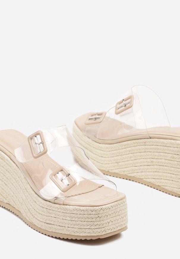 Born2be - Beżowe Klapki na Koturnie w Stylu Boho z Transparentnymi Paskami Neodeora. Okazja: na co dzień. Kolor: beżowy. Wzór: paski. Obcas: na koturnie. Styl: boho. Wysokość obcasa: średni
