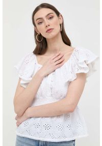 Guess bluzka bawełniana damska kolor biały gładka. Typ kołnierza: dekolt hiszpanka. Kolor: biały. Materiał: bawełna. Wzór: gładki #1