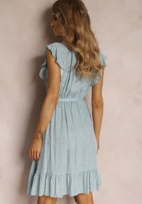 Renee - Miętowa Sukienka z Paskiem Mitho. Okazja: na co dzień. Kolor: miętowy. Materiał: materiał, tkanina, wiskoza. Wzór: kwiaty. Typ sukienki: kopertowe. Styl: casual. Długość: mini #3