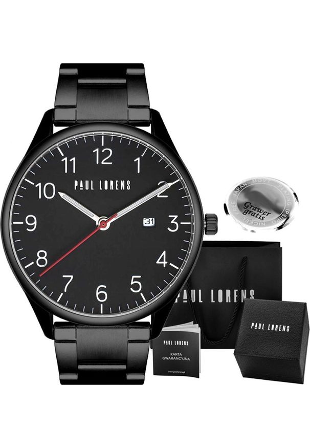 Zegarek męski Paul Lorens PASLO czarny z grawerem. Kolor: czarny