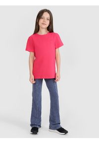 4f - 4F T-shirt regular gładki dziewczęcy - różowy 140 (9-10 lat). Okazja: na co dzień. Kolor: różowy. Materiał: dzianina, bawełna, jersey. Długość rękawa: krótki rękaw. Długość: krótkie. Wzór: gładki. Sezon: lato. Styl: klasyczny, sportowy, casual