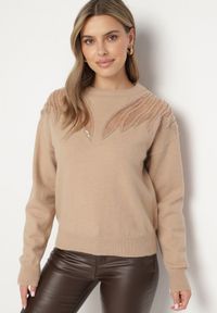 Born2be - Ciemnobeżowy Sweter z Siateczkowymi Wstawkami z Cekinami Perełkami i Koralikami Evoriana. Okazja: na co dzień. Kolor: beżowy. Materiał: jeans. Styl: glamour, elegancki, casual