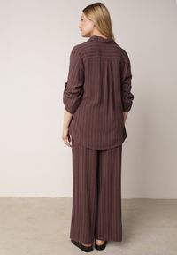 Born2be - Brązowy Wiskozowo-Lniany Komplet w Paski Koszula i Szerokie Spodnie Terasea. Kolor: brązowy. Materiał: wiskoza, len. Wzór: paski #2