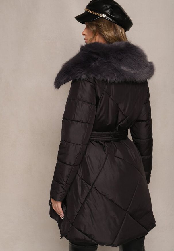 Renee - Czarna Kurtka Paline. Okazja: na co dzień. Kolor: czarny. Materiał: tkanina, futro, materiał, puch. Wzór: aplikacja. Styl: casual