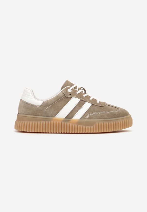 Born2be - Ciemnobeżowe Sneakersy Typu Tenisówki ze Skórzaną Wkładką Ozdobione Paskami Melissele. Okazja: na co dzień. Zapięcie: pasek. Kolor: beżowy. Materiał: skóra. Wzór: aplikacja