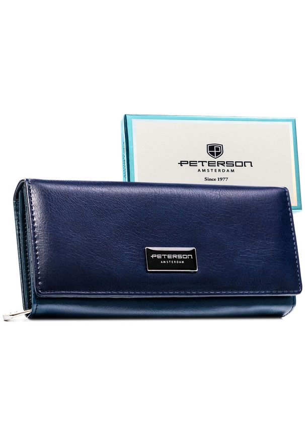 Granatowy portfel damski ze skóry naturalnej i ekologicznej zamykany na zatrzask - Peterson. Kolor: niebieski. Materiał: skóra ekologiczna