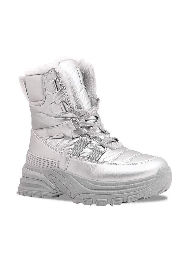 POTOCKI - Śniegowce damskie sznurowane metaliczne srebrne Potocki PY16061. Kolor: srebrny. Materiał: skóra ekologiczna