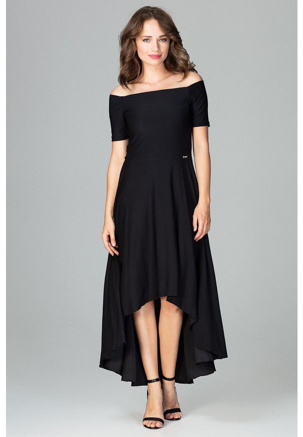 Lenitif - Asymetryczna sukienka z odkrytymi ramionami czarna. Kolor: czarny. Materiał: tkanina. Wzór: gładki. Typ sukienki: asymetryczne, z odkrytymi ramionami. Styl: elegancki
