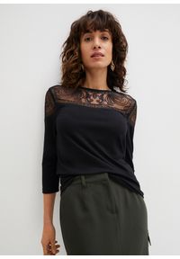 bonprix - Shirt z haftem. Kolor: czarny. Wzór: haft. Styl: elegancki