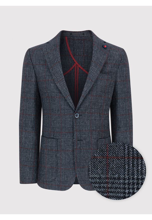 Pako Lorente - PAKO LORENTE – Granatowa marynarka casualowa w bordową kratę. Okazja: na co dzień. Kolor: czerwony, niebieski, wielokolorowy. Materiał: wełna, jeans. Styl: casual