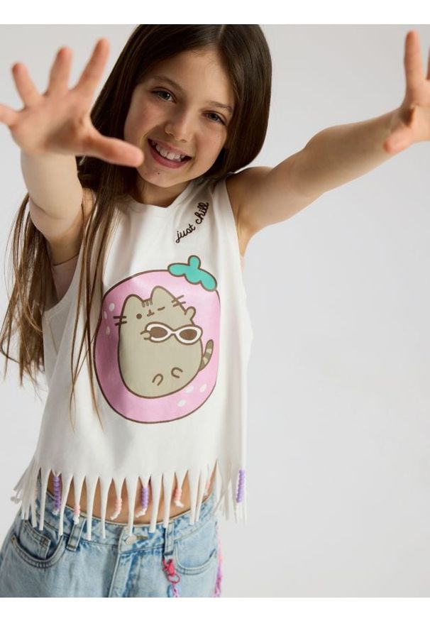 Reserved - Top z frędzlami Pusheen - złamana biel. Materiał: bawełna
