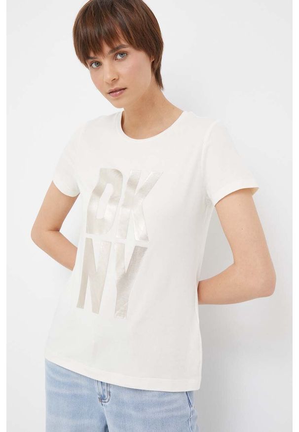 DKNY - Dkny t-shirt damski kolor beżowy. Kolor: beżowy. Materiał: dzianina. Styl: klasyczny