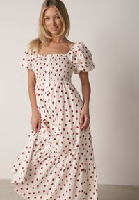 Born2be - Beżowa Sukienka Bawełniana o Rozkloszowanym Kroju z Bufiastymi Rękawami w Groszki Lorairian. Kolor: beżowy. Materiał: bawełna. Wzór: grochy. Styl: klasyczny #4