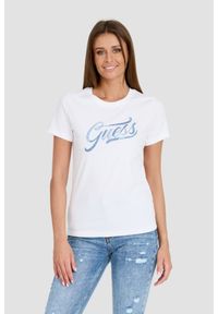 Guess - GUESS Biały damski T-shirt bawełniany STONES&EMBRO TEE, Rozmiar M. Kolor: biały. Materiał: bawełna