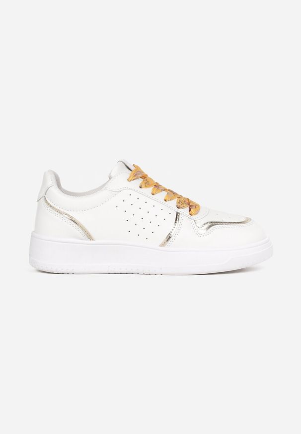 Renee - Biało-Złote Sneakersy z Kolorowymi Sznurówkami i Metalicznymi Wstawkami Lania. Kolor: biały. Wzór: kolorowy
