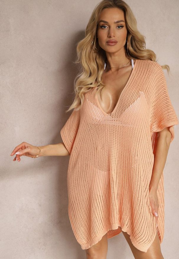 Renee - Pomarańczowa Bluzka Narzutka Oversize o Długim Kroju z Dekoltem w Serek Cota. Typ kołnierza: dekolt w serek. Kolor: pomarańczowy. Długość: długie
