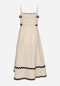 Born2be - Beżowa Sukienka z Bawełną Wiskozą na Ramiączkach z Lamówką Ilanise. Okazja: na spacer, na co dzień. Kolor: beżowy. Materiał: bawełna, wiskoza. Długość rękawa: na ramiączkach. Wzór: aplikacja. Sezon: lato. Typ sukienki: proste. Styl: casual, elegancki #4