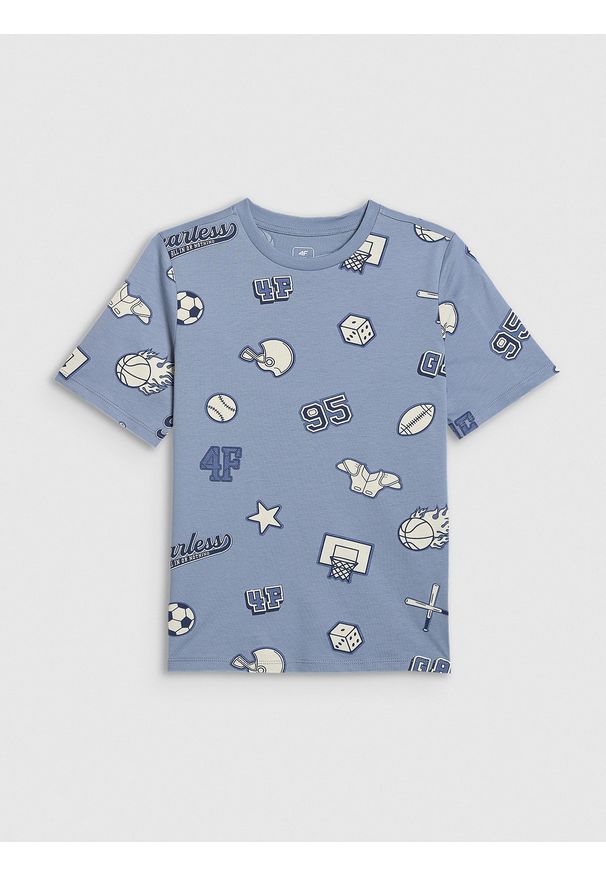 4f - 4F T-shirt regular z nadrukiem chłopięcy - granatowy 146 (10-11 lat). Okazja: na co dzień. Kolor: niebieski. Materiał: bawełna, materiał, skóra. Długość rękawa: krótki rękaw. Długość: krótkie. Wzór: nadruk. Sezon: lato. Styl: casual