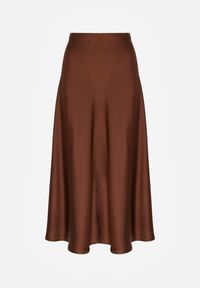 Renee - Brązowa Satynowa Midi Spódnica Rozkloszowana z Gumką w Pasie i Suwakiem Leose. Kolor: brązowy. Materiał: satyna #8