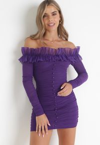 Born2be - Ciemnofioletowa Dopasowana Sukienka Hiszpanka z Falbanką Turlia. Typ kołnierza: dekolt hiszpanka. Kolor: fioletowy. Wzór: aplikacja #5