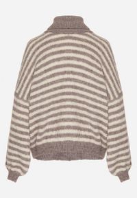 Born2be - Szaro-Beżowy Golf z Domieszką Wełny w Paski Monallia. Okazja: na co dzień. Typ kołnierza: golf. Kolor: szary. Materiał: wełna. Wzór: paski. Styl: klasyczny, casual, elegancki #5