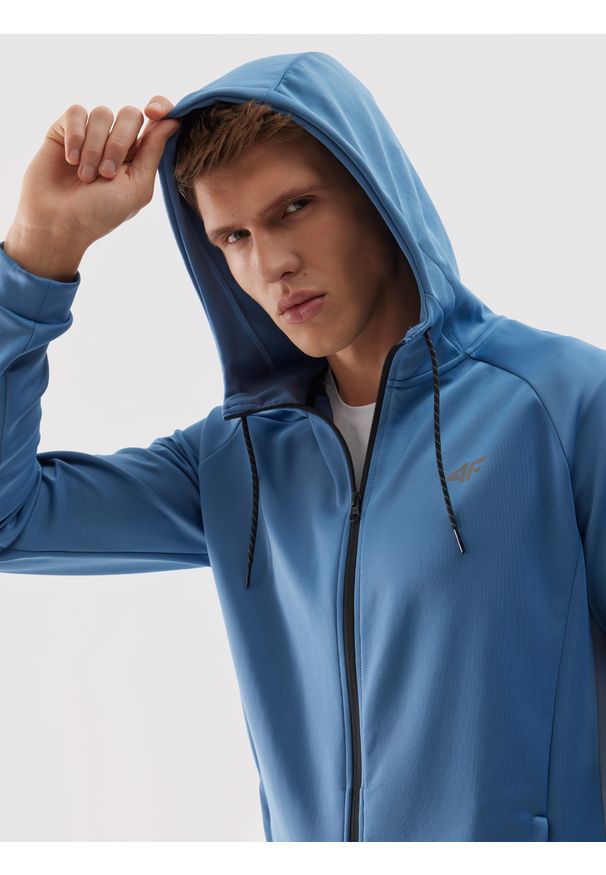 4f - 4F Bluza treningowa rozpinana z kapturem męska - niebieska XL. Typ kołnierza: kaptur. Kolor: niebieski. Materiał: dzianina, elastan, włókno, syntetyk, materiał, skóra. Długość rękawa: raglanowy rękaw. Wzór: gładki, jednolity, ze splotem. Styl: sportowy. Sport: fitness