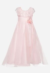 Born2be - Różowa Rozkloszowana Tiulowa Sukienka z Perełkami i Falbanką Aperitva. Kolor: różowy. Materiał: tiul. Wzór: aplikacja