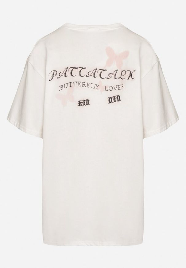 Born2be - Biały T-shirt Oversize z Bawełny z Nadrukiem z Motylem Nonatira. Okazja: na spacer. Kolor: biały. Materiał: bawełna. Wzór: nadruk. Styl: elegancki, klasyczny