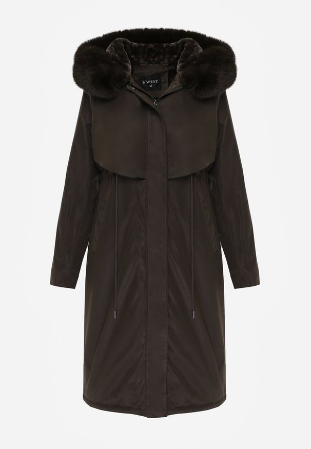 Born2be - Zielona Kurtka za Kolano ze Ściągaczem i Kapturem z Futerkiem Adoresa. Okazja: na co dzień. Kolor: zielony. Materiał: futro. Styl: casual