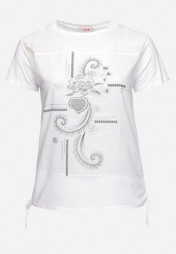 Born2be - Biały T-shirt z Bawełny Ozdobiony Cyrkoniami i Ściągaczami po Bokach Forena. Okazja: na co dzień. Kolor: biały. Materiał: bawełna. Wzór: aplikacja. Styl: casual