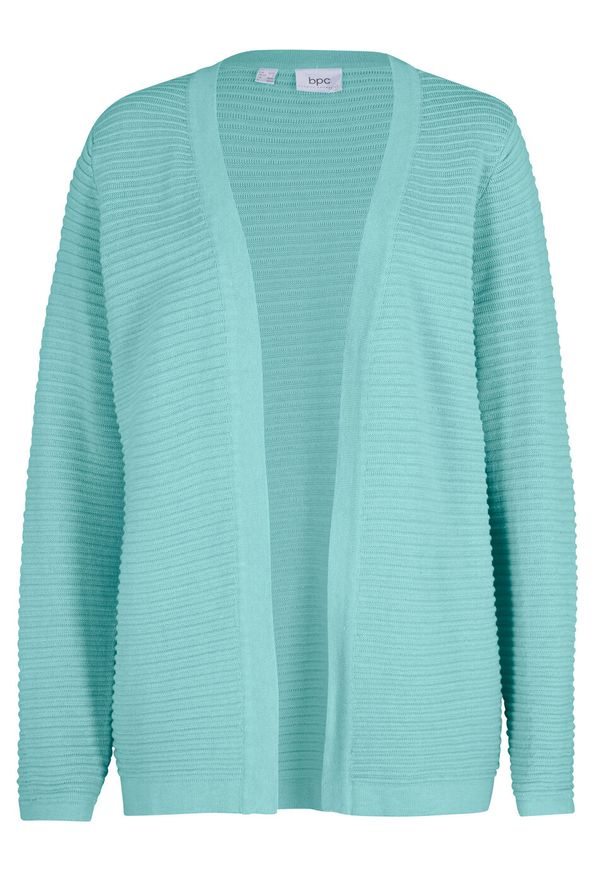 Sweter bez zapięcia w prążek bonprix morski pastelowy. Kolor: niebieski. Materiał: materiał, bawełna, akryl. Wzór: prążki