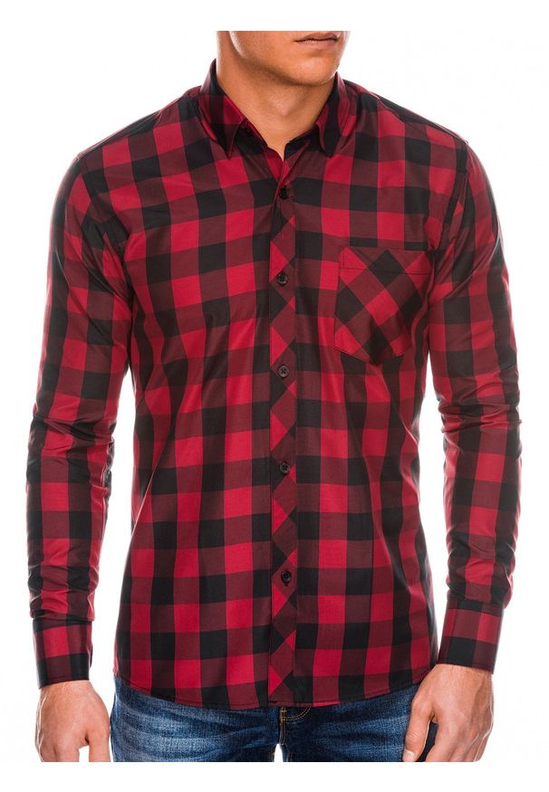 Ombre Clothing - Koszula męska w kratę z długim rękawem K282 - czerwono-czarna - L. Kolor: czerwony. Materiał: bawełna, poliester. Długość rękawa: długi rękaw. Długość: długie. Styl: klasyczny