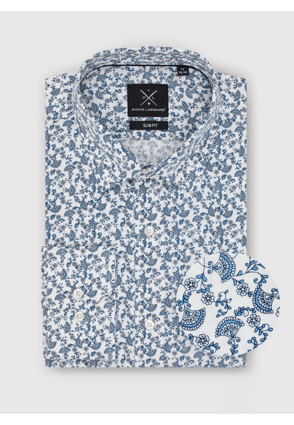 Pako Lorente - PAKO LORENTE – Biała koszula w roślinny niebieski wzór. Typ kołnierza: kołnierzyk klasyczny. Kolor: niebieski, biały, wielokolorowy. Materiał: elastan, bawełna. Długość rękawa: długi rękaw. Długość: długie. Styl: klasyczny