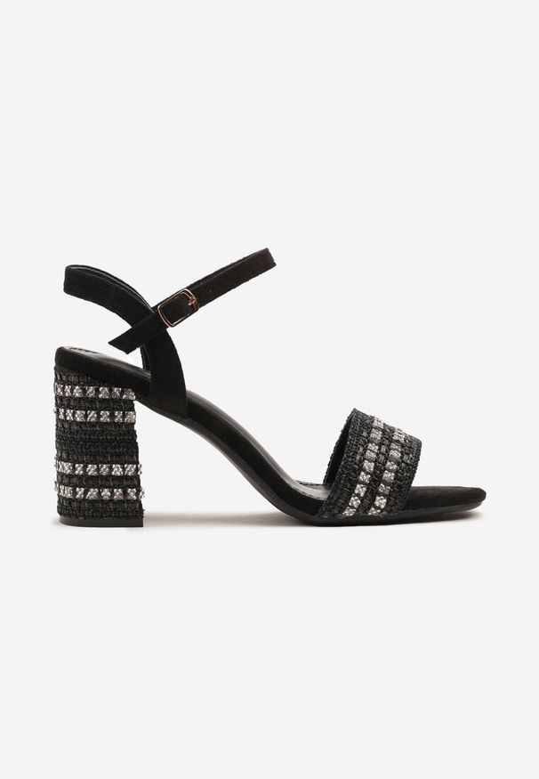 Born2be - Czarne Sandały na Obcasie z Cyrkoniami Fendisa. Okazja: na co dzień. Zapięcie: sprzączka. Kolor: czarny. Materiał: jeans. Obcas: na obcasie. Styl: elegancki, casual. Wysokość obcasa: średni