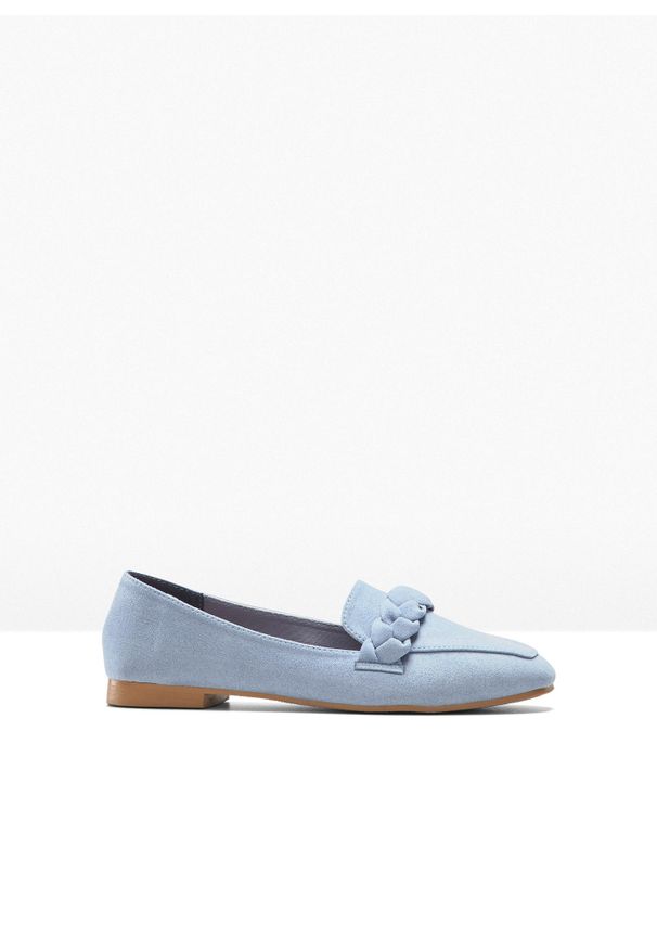 bonprix - Loafersy z plecionym paskiem. Zapięcie: bez zapięcia, pasek. Kolor: niebieski. Styl: elegancki