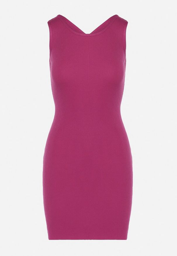 Born2be - Fioletowa Mini Sukienka Prążkowana z Krzyżującymi się Ramiączkami na Plecach Banova. Kolor: fioletowy. Materiał: prążkowany. Długość rękawa: na ramiączkach. Sezon: lato. Długość: mini